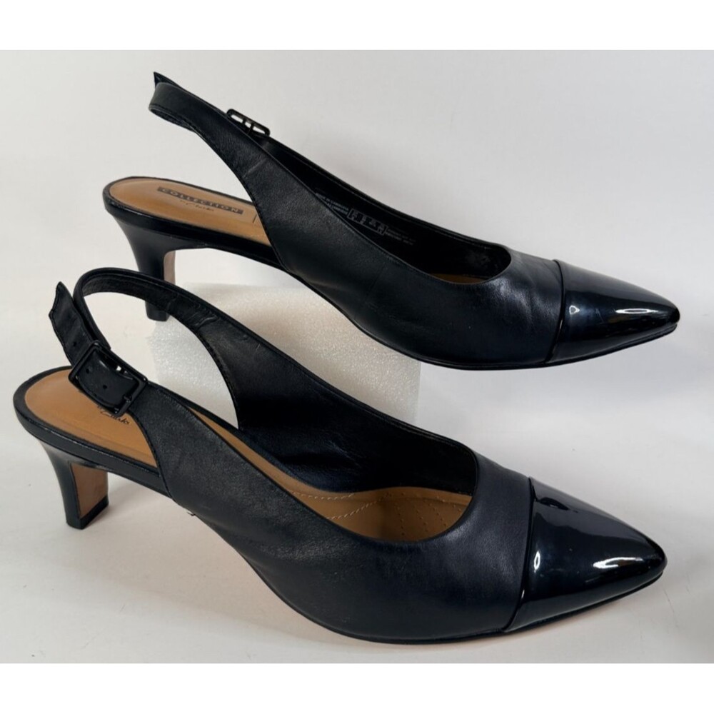 Clarks Linvale Emmy Slingback Comfort Pump Black Leather Patent Toe Sz 10 - Picture 2 of 9